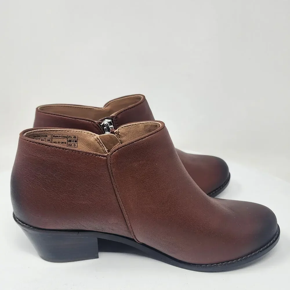 Vionic Jolene Bootie Women 6.5 Brown Leather Burnished Toe Side Zip Boots VS350